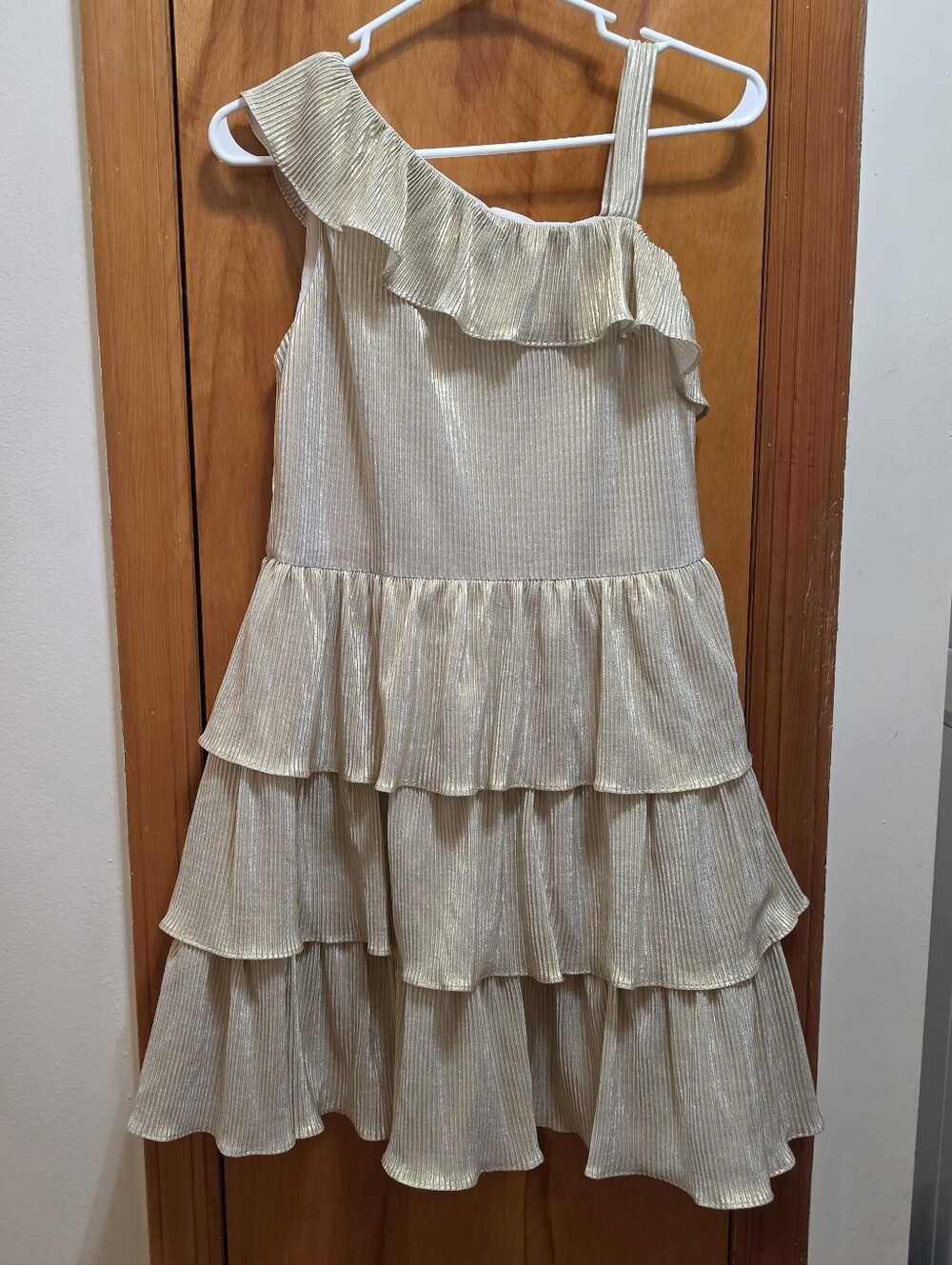 Zac Posen Girls' One-Shoulder Cream Metallic Tiered Ruffle JuniorDress SIZE 16